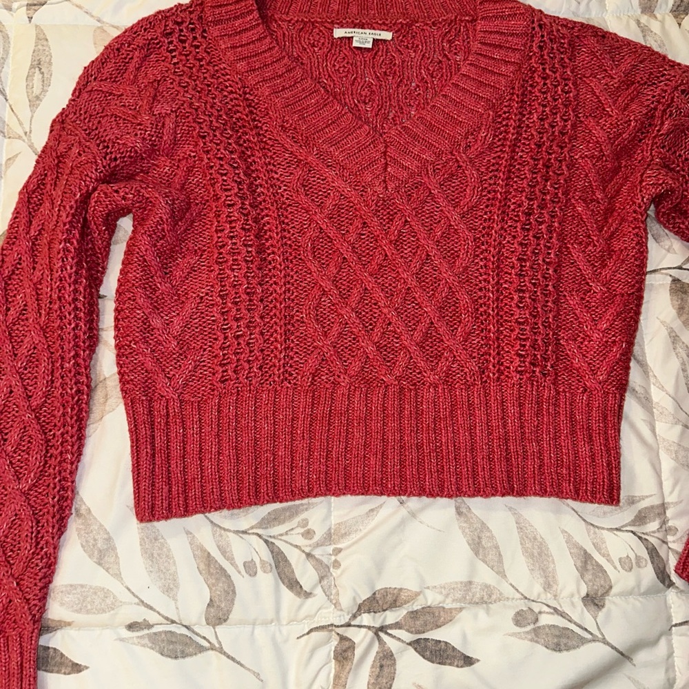 American Eagle Women's Pink Cable Knit Cropped Sweater